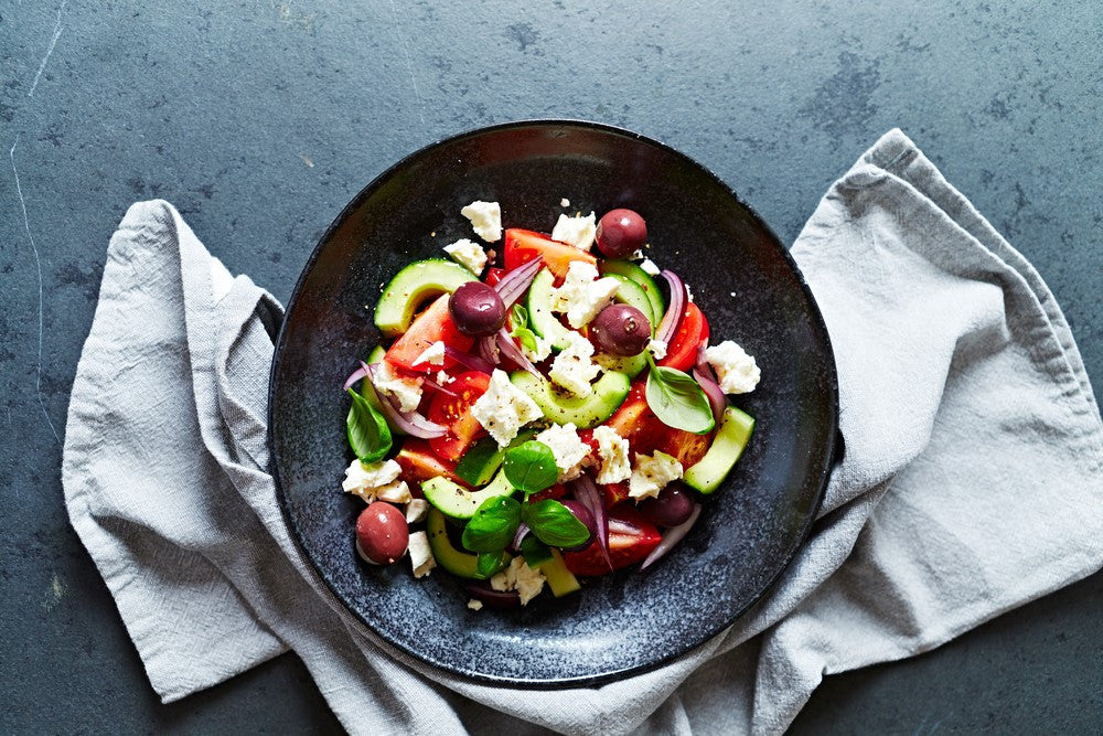 Summer Greek Salad PCOS recipe in a metal bowl