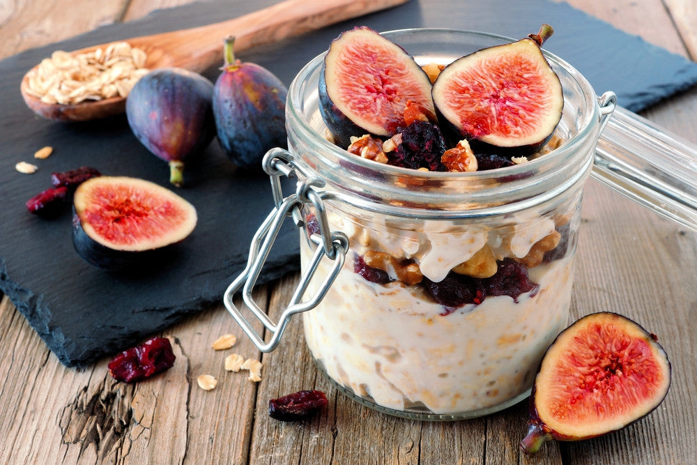 Overnight Oats with Figs, Cranberry's and Walnuts recipe in a glass jar